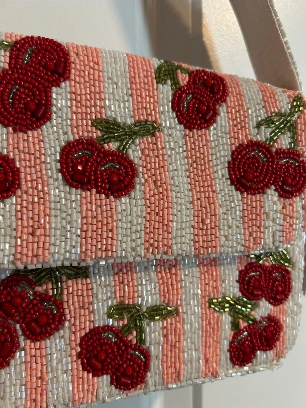 NWT Hand Crafted in India Beaded Striped Cherry Pattern Shoulder Bag